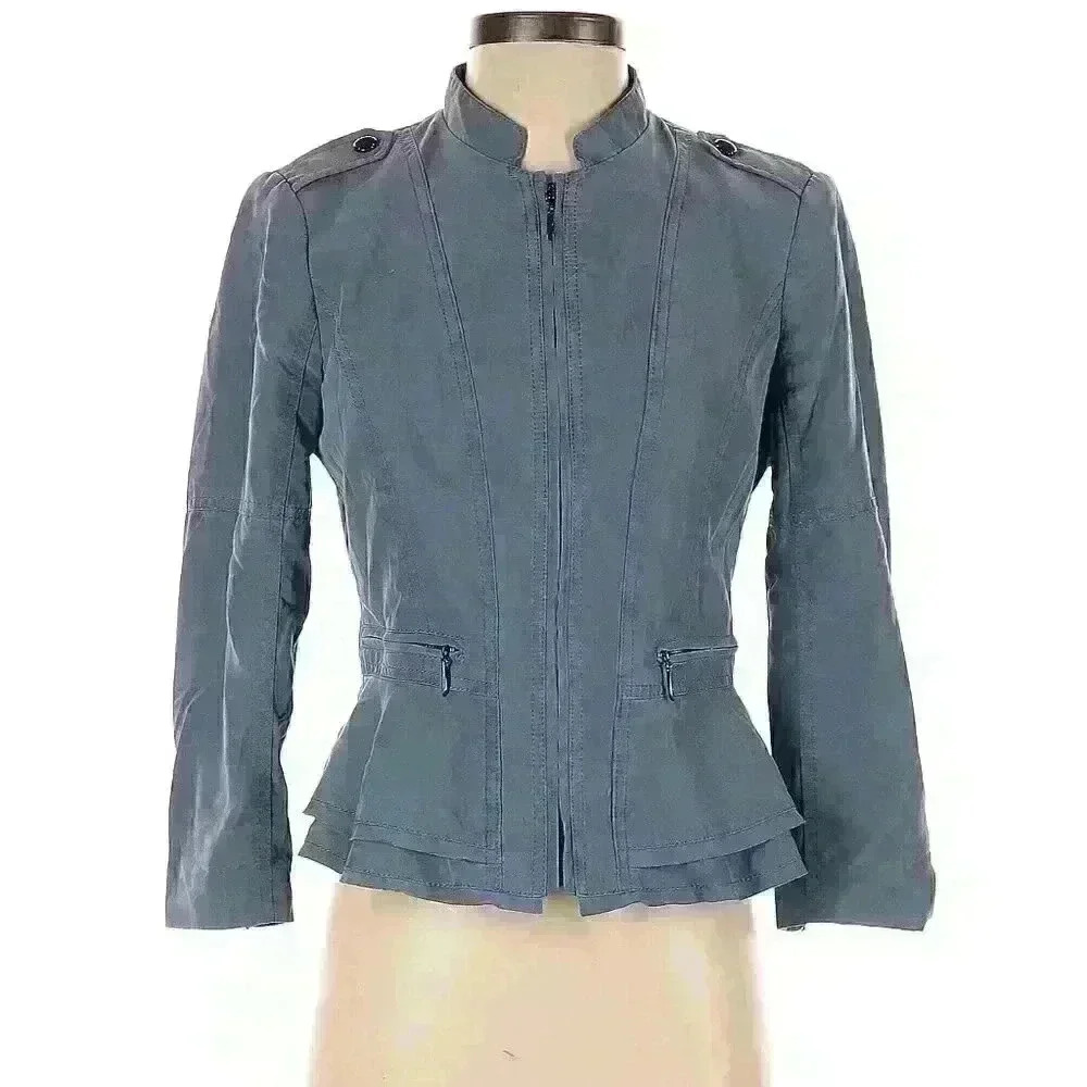 White House Black Market Slate Blue Ruffle Hem Bomber Jacket sz 00